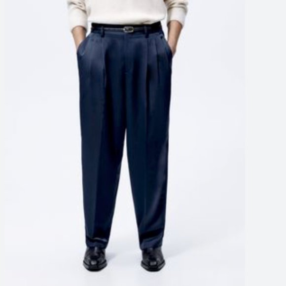 NWT MAN SATIN EFFECT PLEATED PANTS NAVY BLUE - Picture 3 of 8
